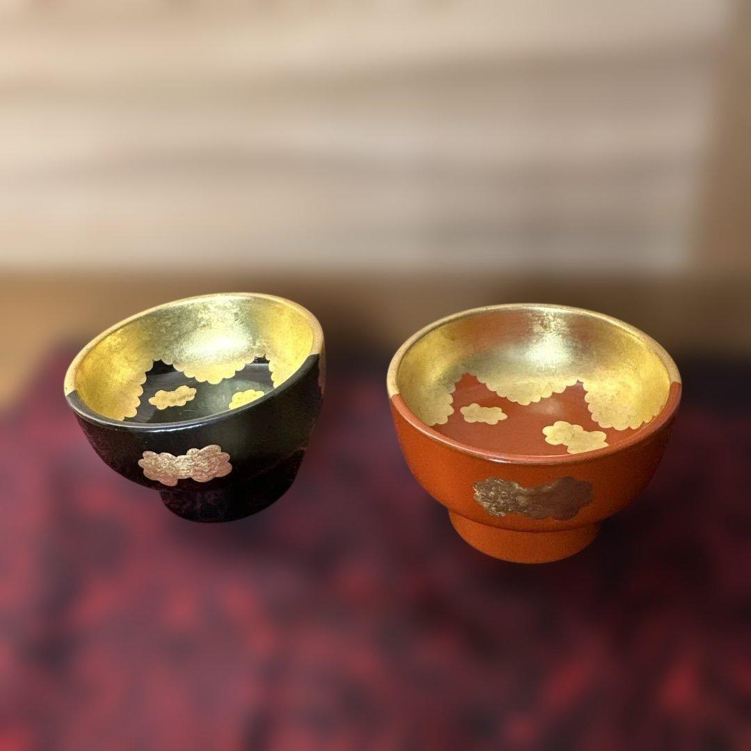 漆器 椀 黒とオレンジ 金色装飾