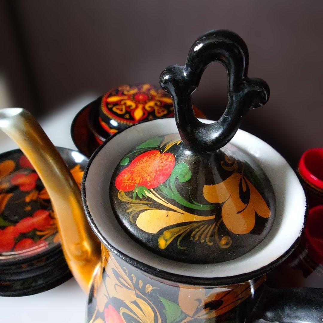 ロシア　ホフロマ塗り　花柄　豪華食器　ティーセット
