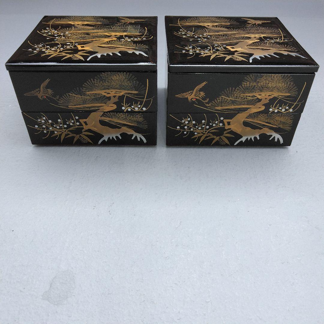 黒塗二段重 内朱塗 本漆 蒔絵 鶴 松 重箱 2組 木製懐石 時代物