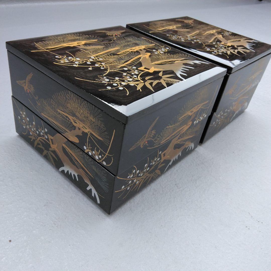 黒塗二段重 内朱塗 本漆 蒔絵 鶴 松 重箱 2組 木製懐石 時代物