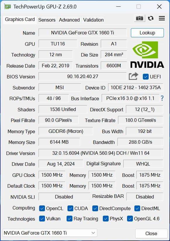 グラフィックボード・グラボ・ビデオカード MSI GeForce GTX 1660 Ti GAMING X6G