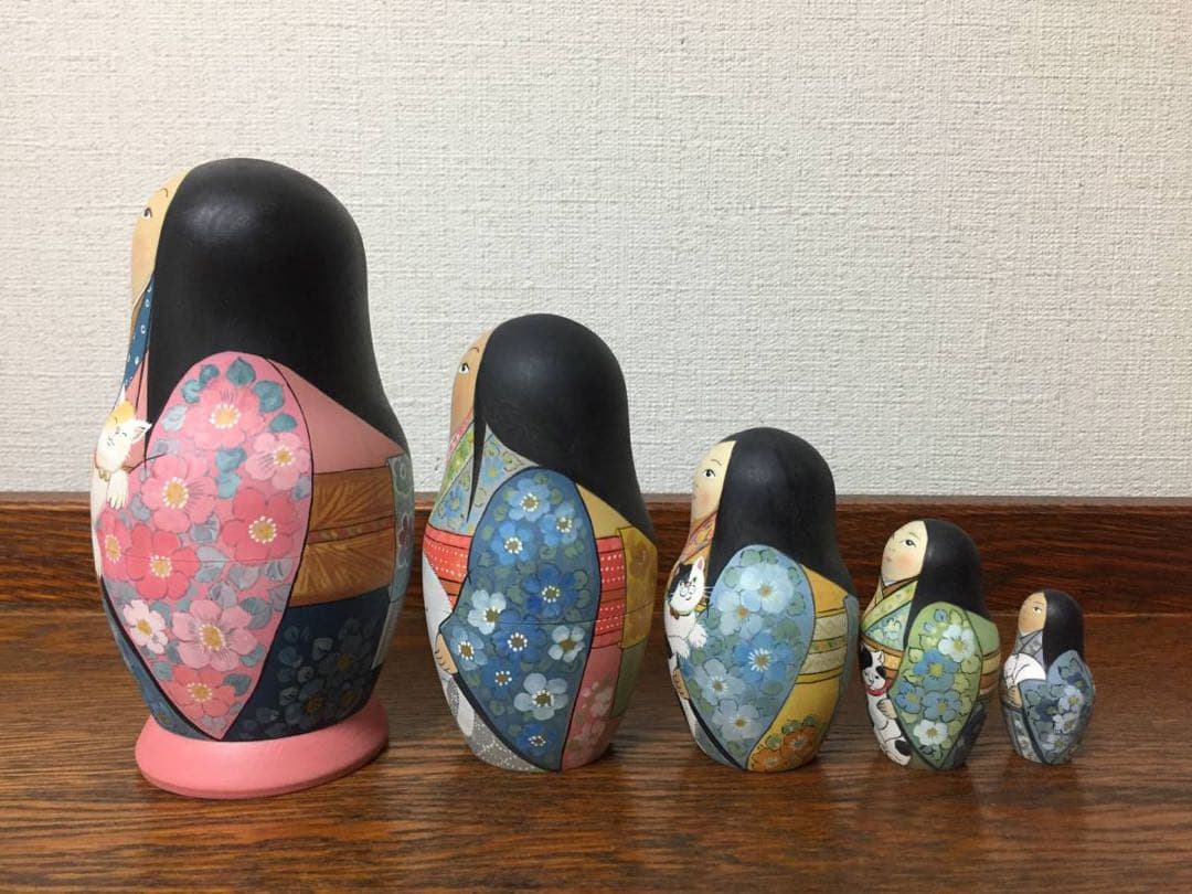 ひな祭りセール♪ロシア雑貨☆着物マトリョーシカ(5P)和風猫ボボワ作オマケ付き♪