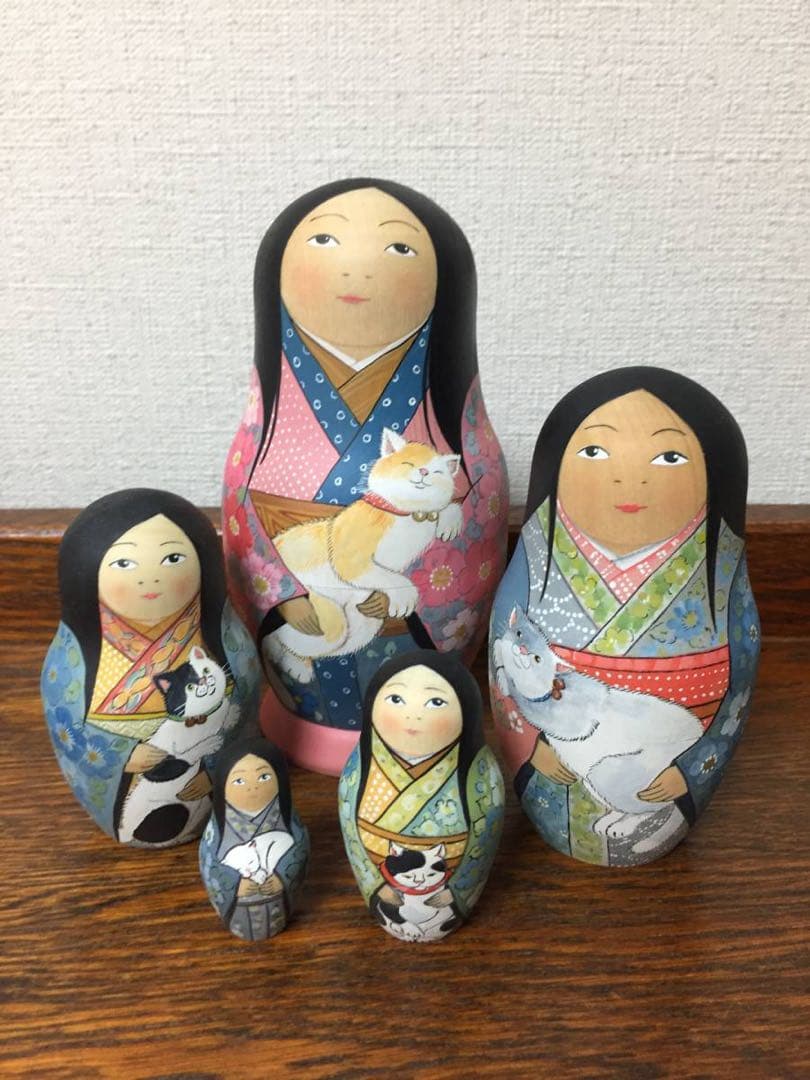 ひな祭りセール♪ロシア雑貨☆着物マトリョーシカ(5P)和風猫ボボワ作オマケ付き♪