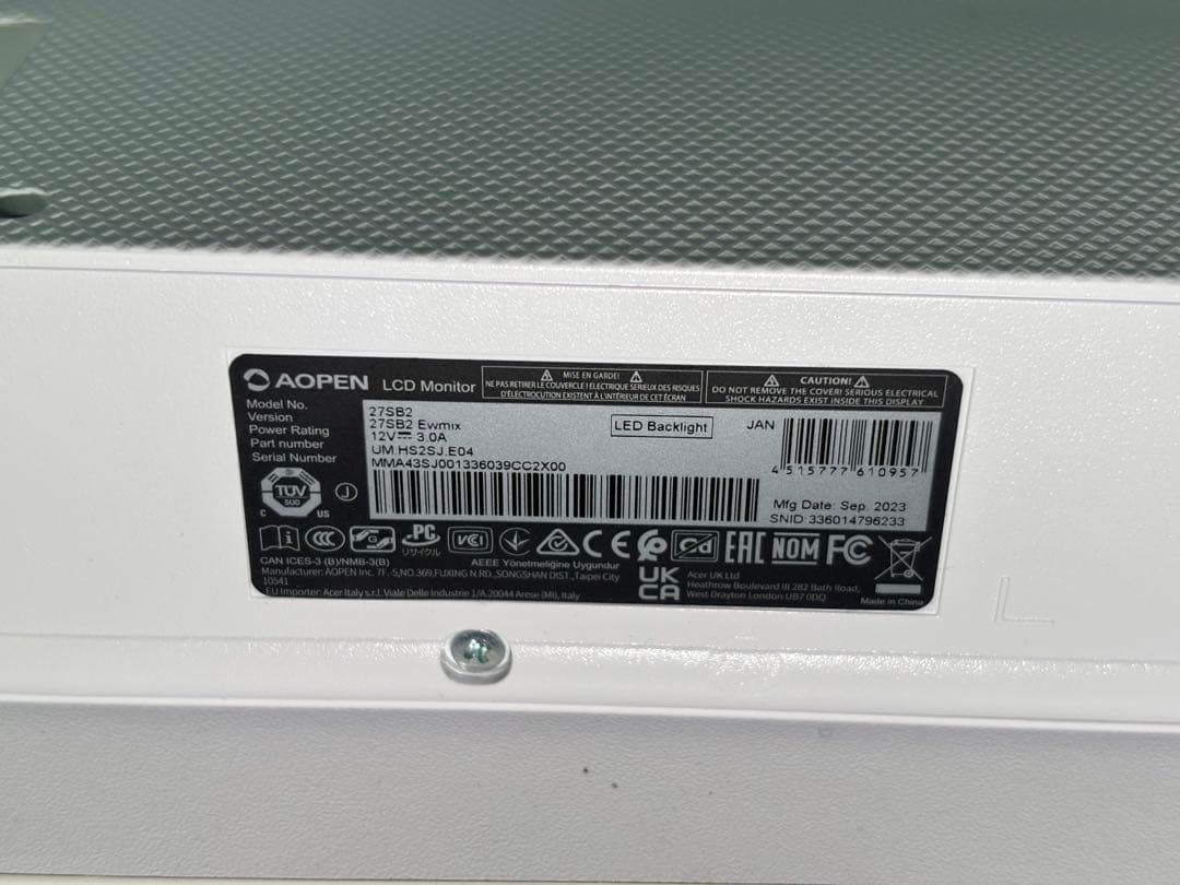 acer aopen 27SB2 モニター 27インチ 最大100fps ips