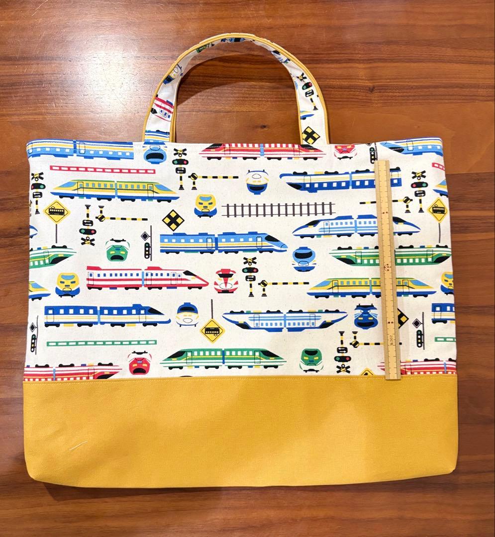 電車柄　ナチュラルトレイン×電車顔柄　ハンドメイド　入学入学準備　レッスンバッグ
