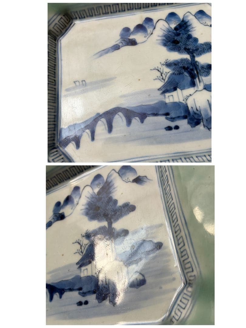 染付　四方皿　青磁染付　楼閣山水図　風景画　角皿　向付　鉢　隅切角皿　和食器