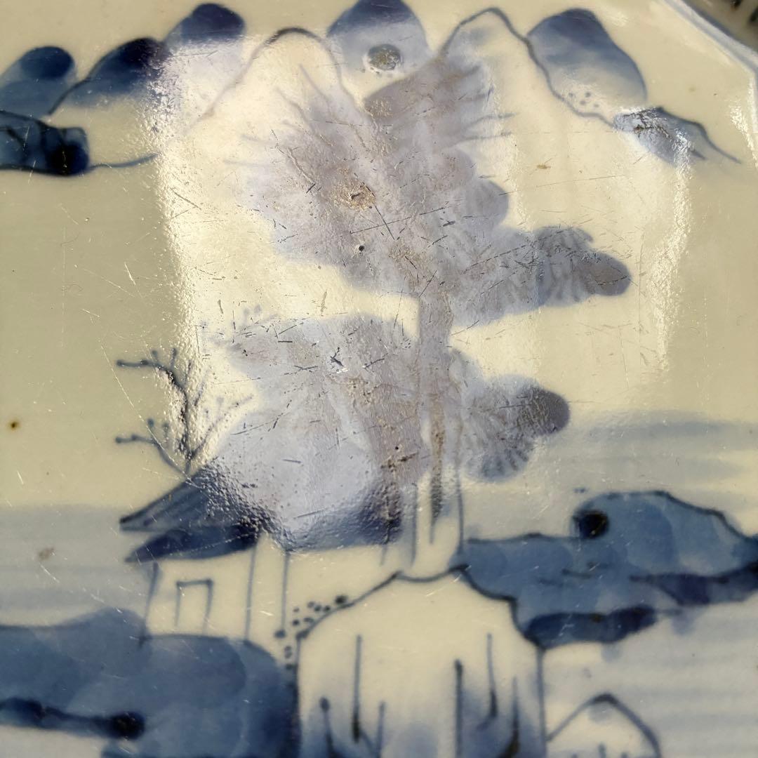 染付　四方皿　青磁染付　楼閣山水図　風景画　角皿　向付　鉢　隅切角皿　和食器