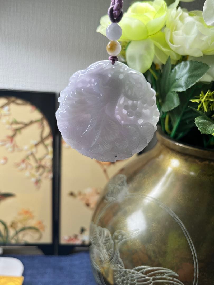 お得品‼️新入荷❣️天然A貨翡翠 厚重感、満工【花開富貴、鳳穿牡丹】　鑑定書付き