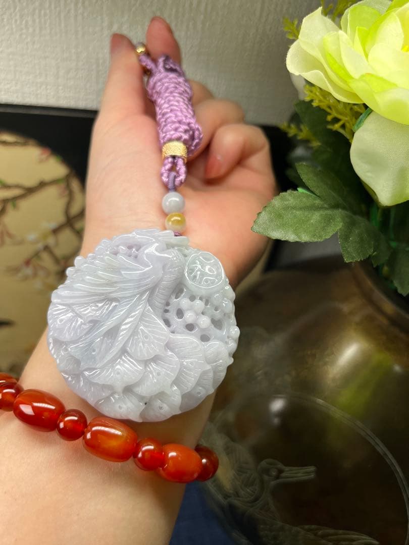 お得品‼️新入荷❣️天然A貨翡翠 厚重感、満工【花開富貴、鳳穿牡丹】　鑑定書付き