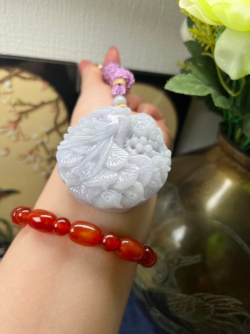 お得品‼️新入荷❣️天然A貨翡翠 厚重感、満工【花開富貴、鳳穿牡丹】　鑑定書付き