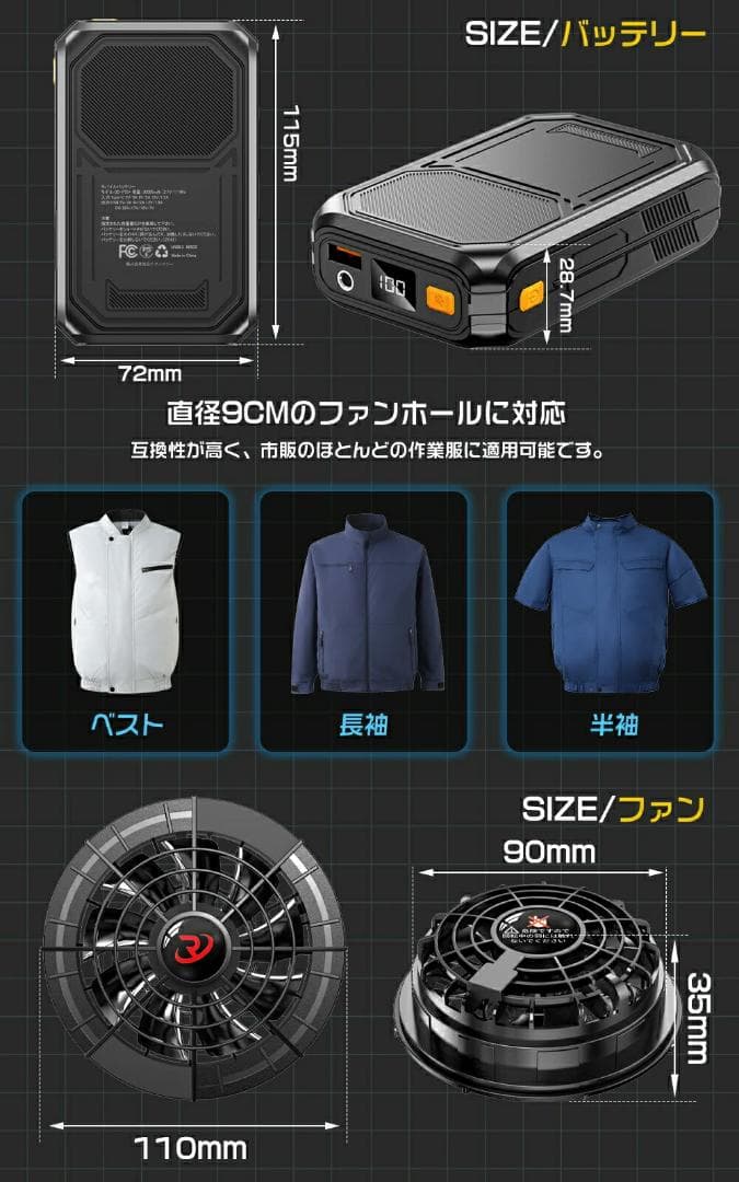 ファンバッテリーセット 空調服 22V 30000ｍAh 空調ベスト 熱中症対策