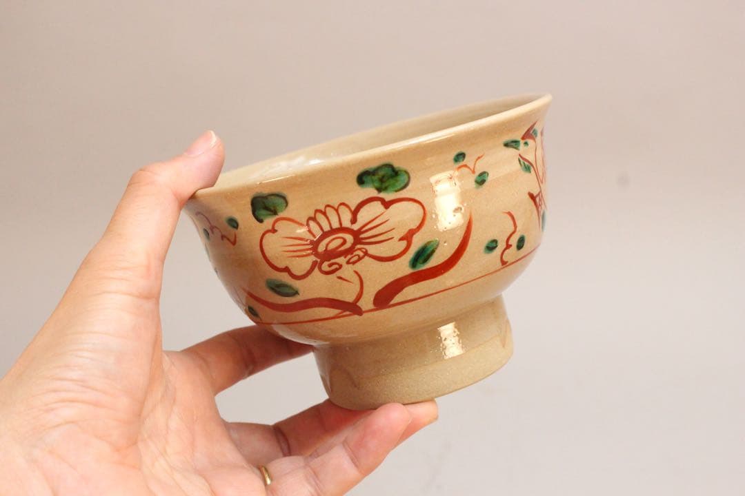 No5042 一字「華」　赤絵安南茶碗　共箱　栞付　茶道具　抹茶碗　送料無料