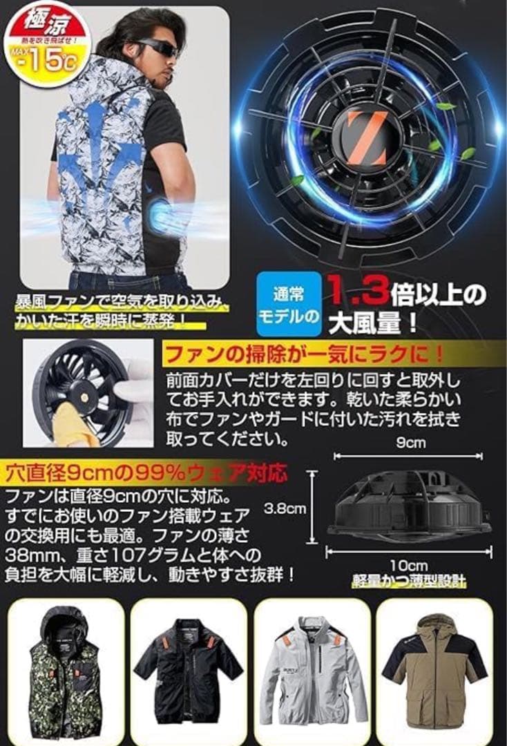 ファンバッテリーセット 空調作業服用 43V超高出力 90mm服穴径対応