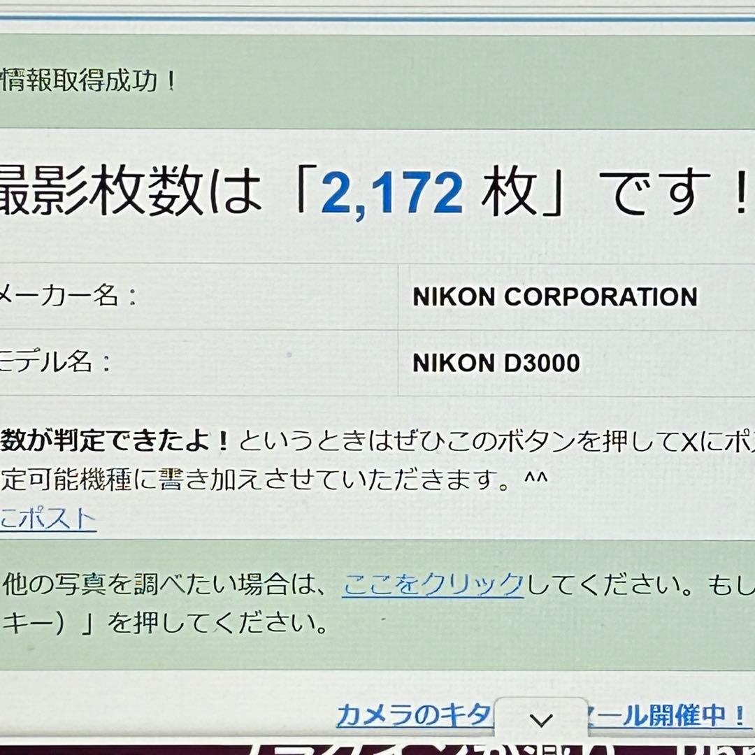 【動作品　美品】Nikon D3000 レンズキット　シャッター回数:2172