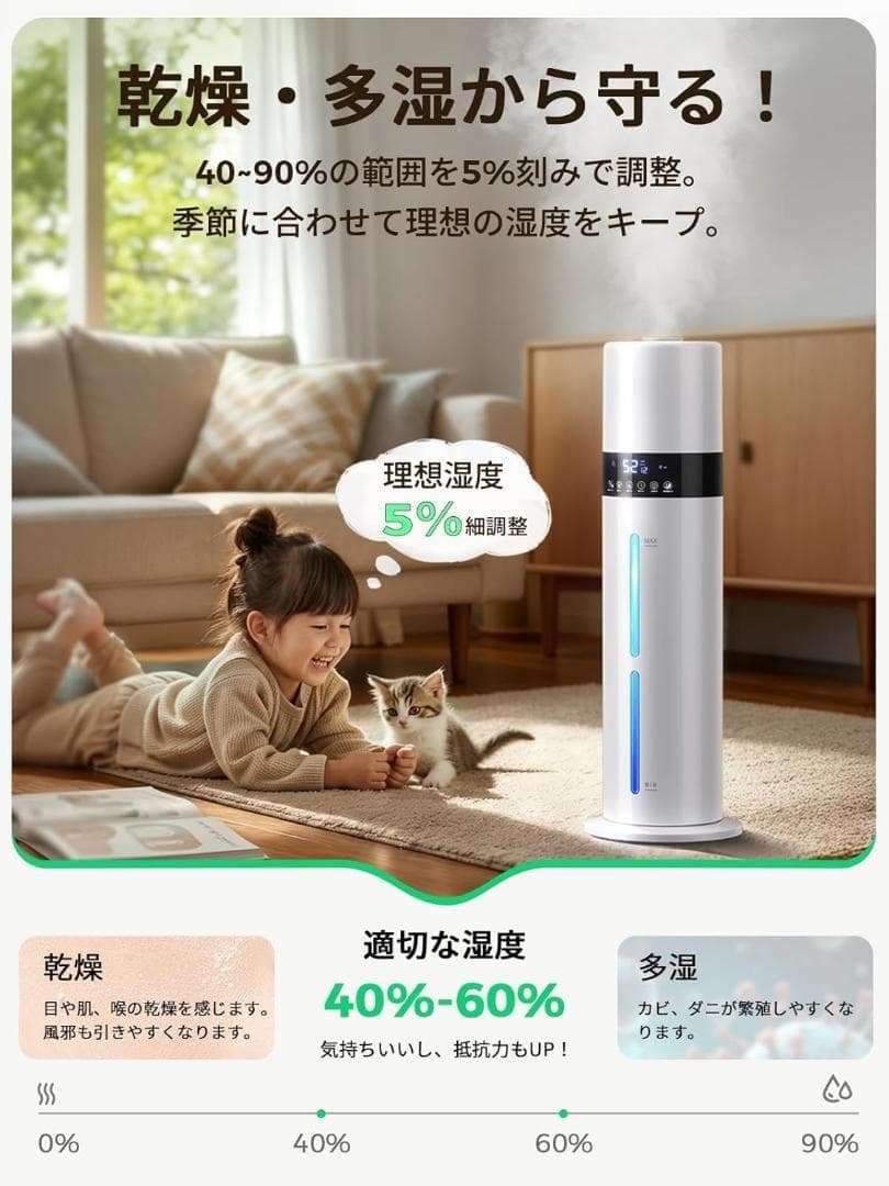 加湿器 大容量 8L 6~35畳対応 【銀イオン素材&次亜塩素酸水】 上から給水
