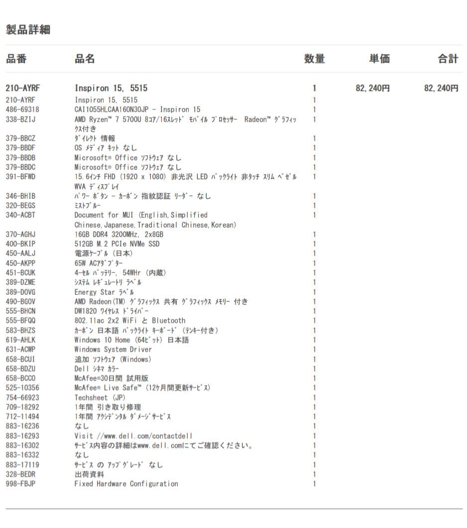 Windowsノート本体 Dell Inspiron 15 5515 Ryzen7 5700U 16GB