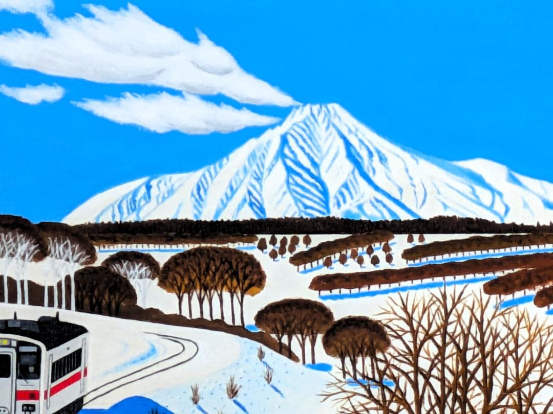 ★冬の利尻富士と走る電車・肉筆油彩画・F6キャンバス