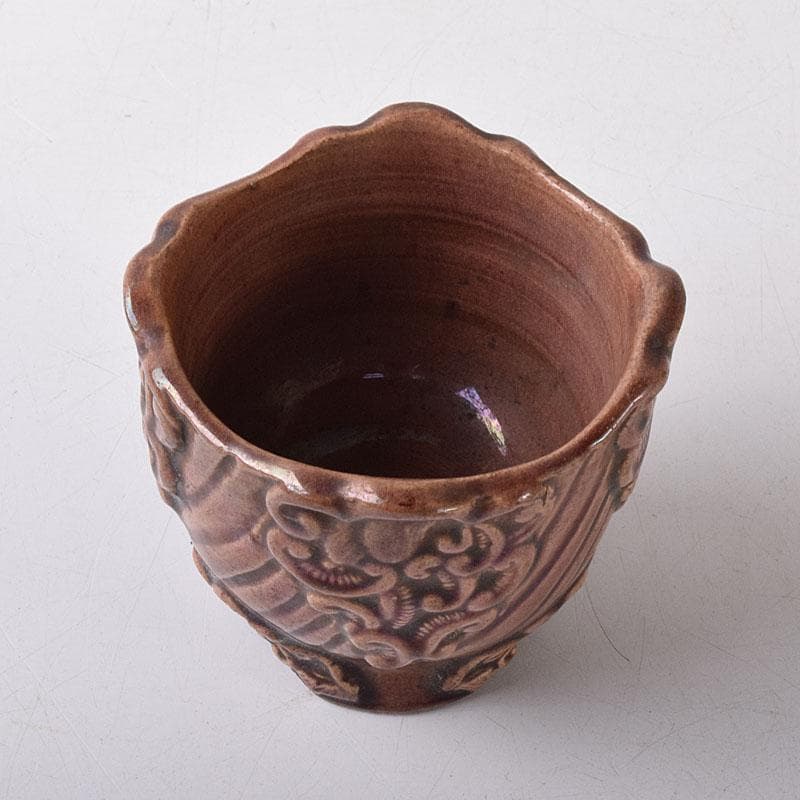中国　紫交趾　花口酒盃　時代箱　C　R8473