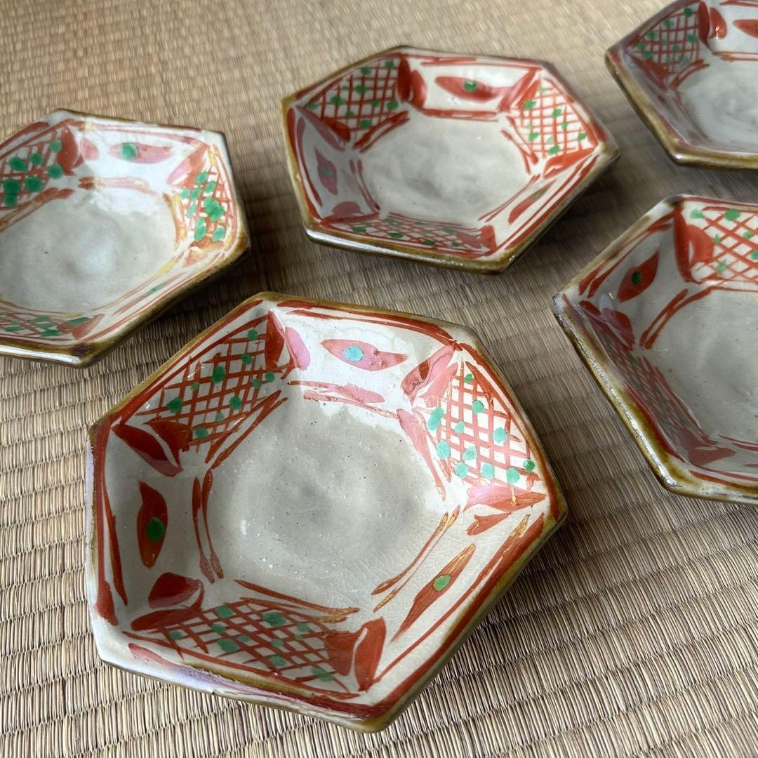 壺屋焼 國場一作【赤絵六角銘々皿 5客組】小皿 やちむん 琉球 民藝 懐石