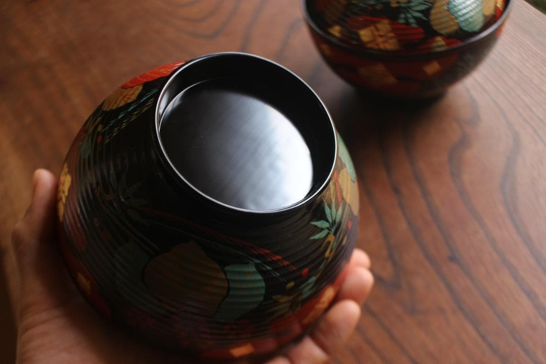 デッドストック！風情ある糸目挽きに極上秀衡蒔絵の映える煮物椀2点（検輪島塗蒔絵椀