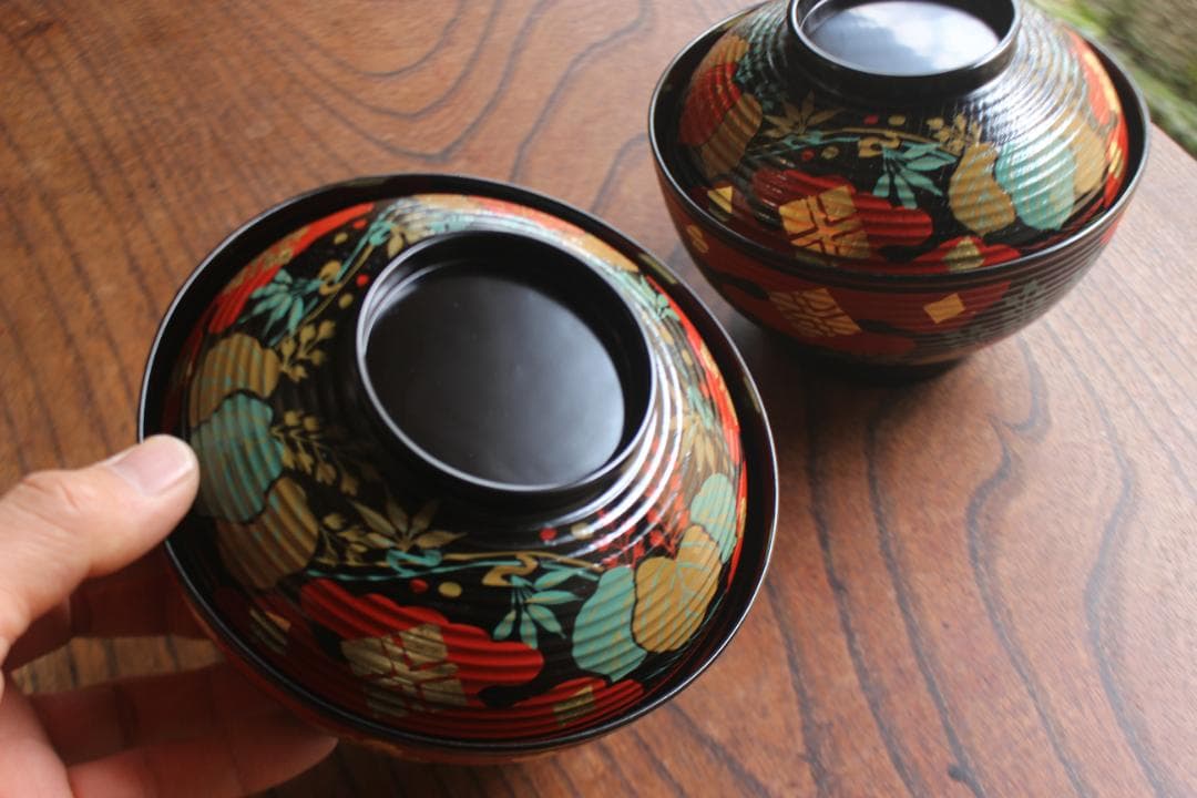 デッドストック！風情ある糸目挽きに極上秀衡蒔絵の映える煮物椀2点（検輪島塗蒔絵椀