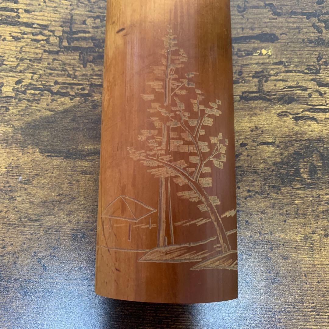 E-1 【茶道具】天然竹 彫刻 茶合（仙媒・茶量）共箱付き