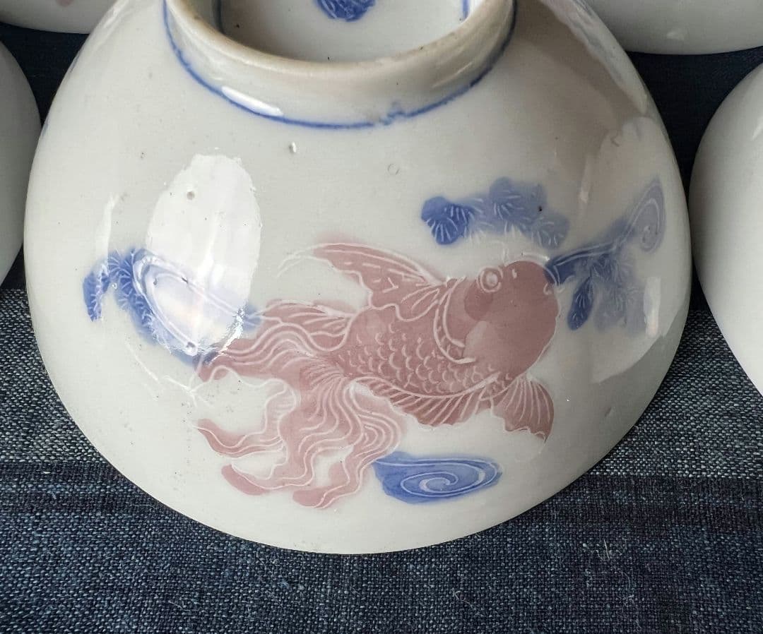 希少柄！金魚図の色絵 蓋付茶碗5客！古伊万里 染付 和食器 骨董品 アンティーク