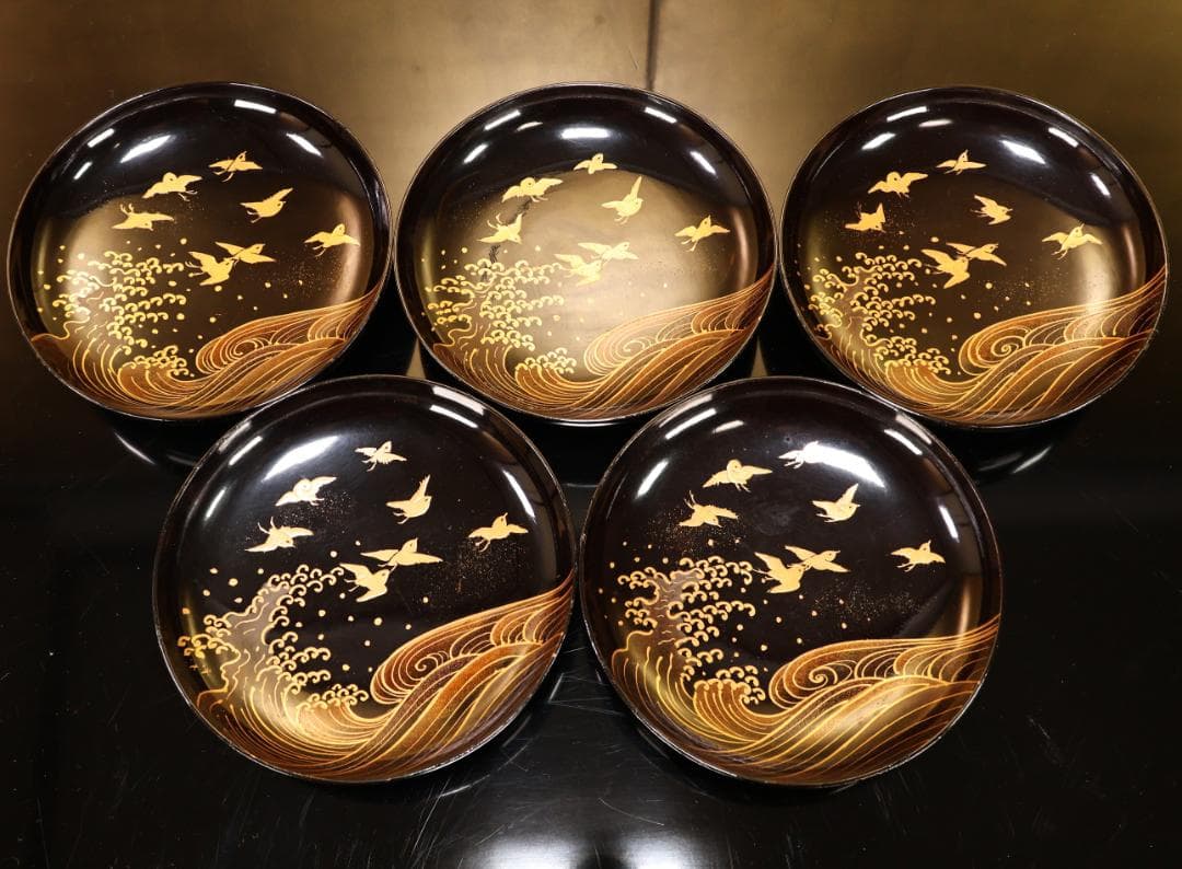 BK507　時代輪島塗　波千鳥金蒔絵　吸物椀　五客　木製　茶道具 懐石 菓子