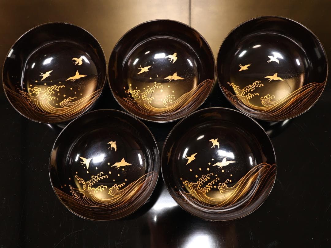 BK507　時代輪島塗　波千鳥金蒔絵　吸物椀　五客　木製　茶道具 懐石 菓子