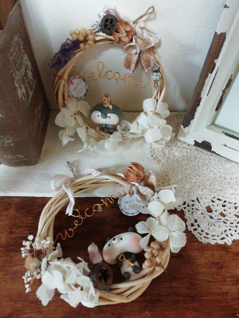 再撮影 ♡( ฅ•ω•ฅ）.。.:*♡ペンギンと小鳥のリース♬クリスタル付き