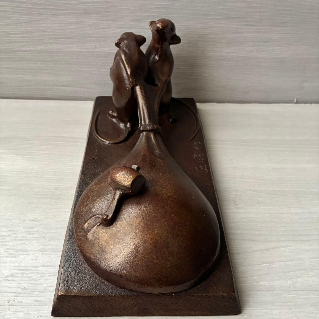 【縁起物】正昭作 鼠 袋引き 置物 干支 子 彫刻 工芸品　ブロンズ
