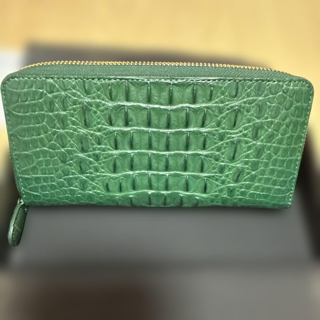 【未使用美品】ロダニア 長財布 カイマン ワニ革 グリーン ラウンドファスナー