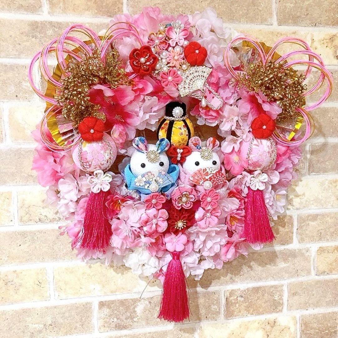 豪華！桜リース♡桜とちりめん細工♡羽子板飾りのひな祭りリース♡お雛様リース