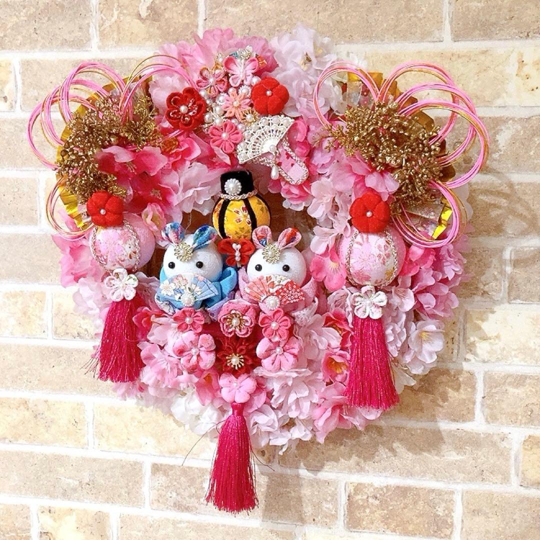豪華！桜リース♡桜とちりめん細工♡羽子板飾りのひな祭りリース♡お雛様リース