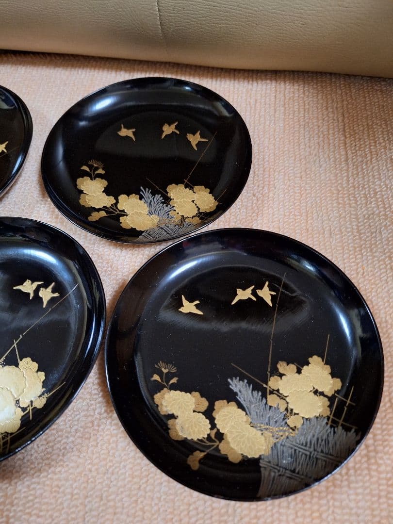 木製蒔絵５寸皿、五客