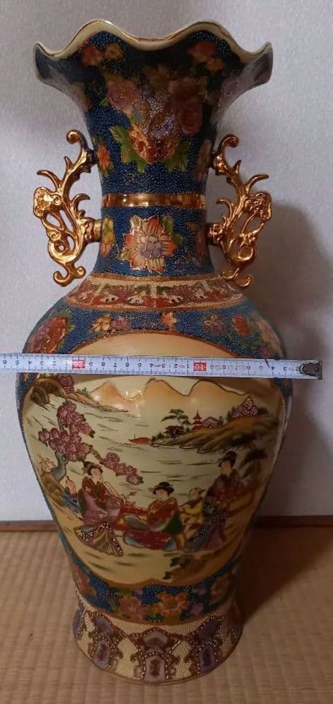 【薩摩焼？】 陶器 花瓶 約62cm 壺骨董 双耳 金襴手 青粒 人物図 飾り壺