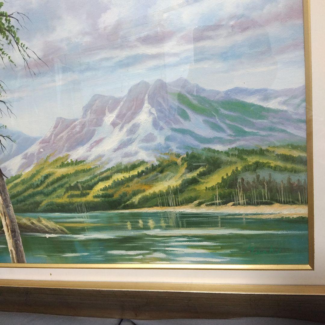 真作油彩画湖のある風景