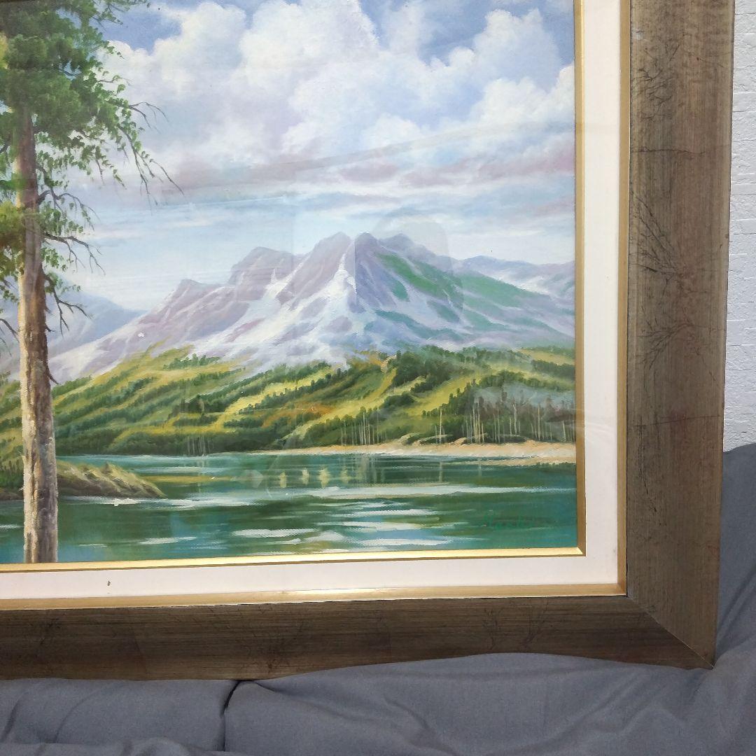 真作油彩画湖のある風景