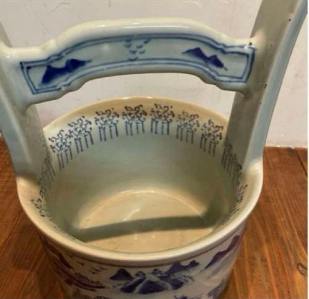 美品　陶器　時代物　染付　山水画　文手桶　花入　当時物　古道具