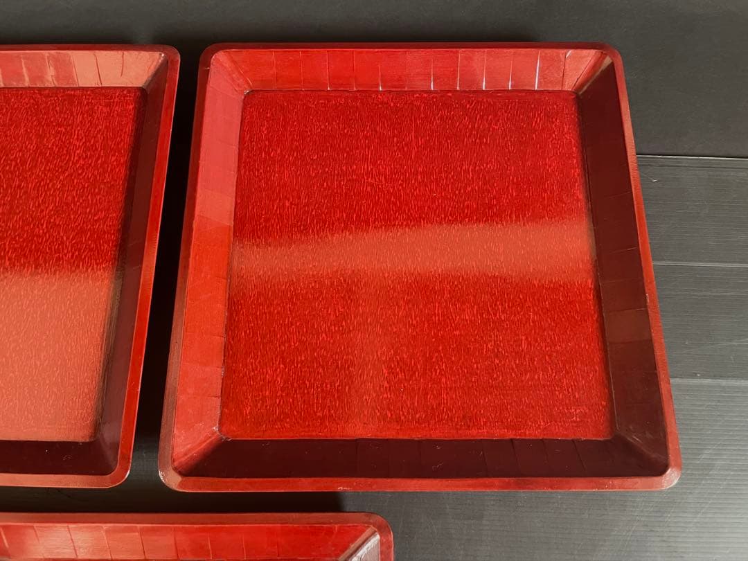 【美品】「母」 讃岐彫 四方膳 5客 朱漆 讃岐膳 一枚板くり抜き （Ｂ）