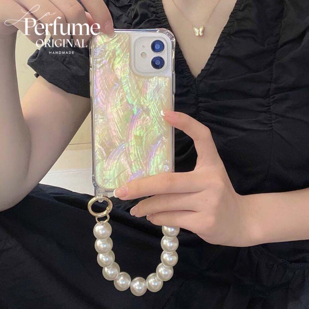 キラキラ天然シェル ホワイト 白♡大粒パールチェーン✨オリジナル iPhone
