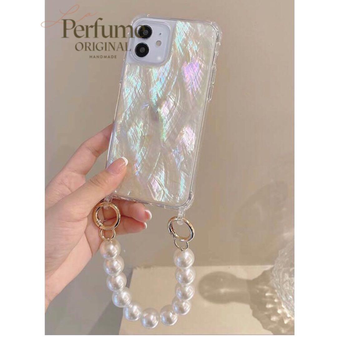 キラキラ天然シェル ホワイト 白♡大粒パールチェーン✨オリジナル iPhone