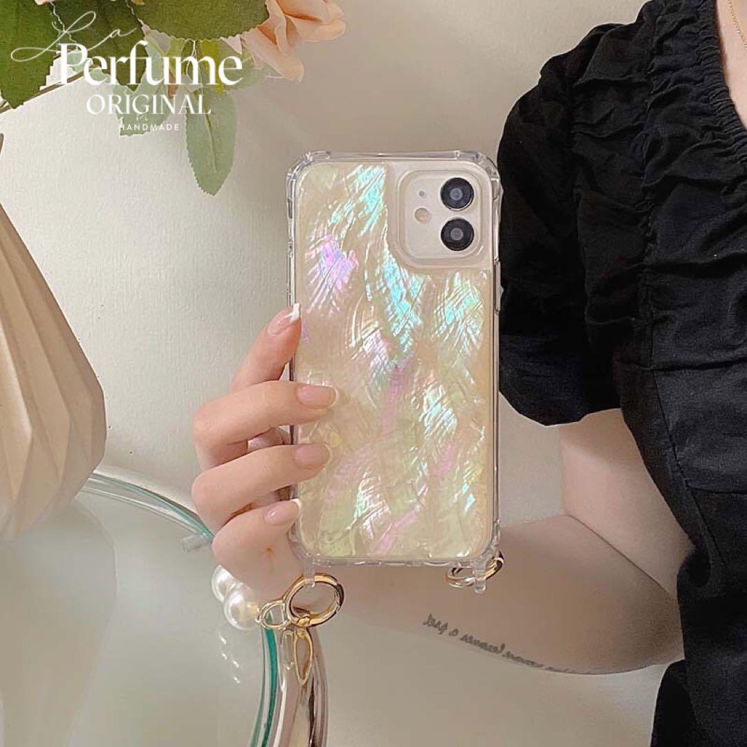 キラキラ天然シェル ホワイト 白♡大粒パールチェーン✨オリジナル iPhone