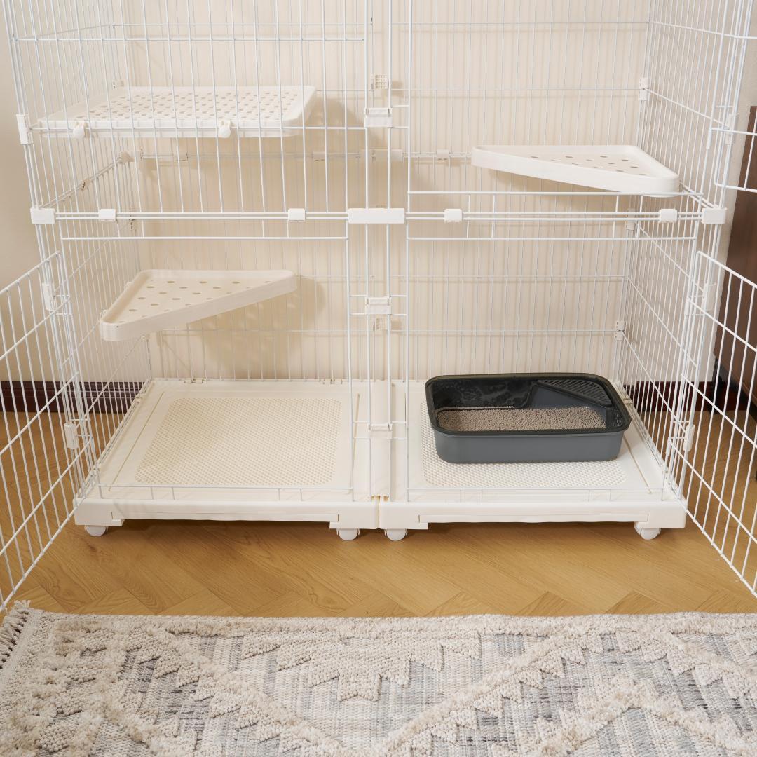 【新品】幅広設計3段キャットケージ 両開きドア&猫ドア付き 大型 ホワイト