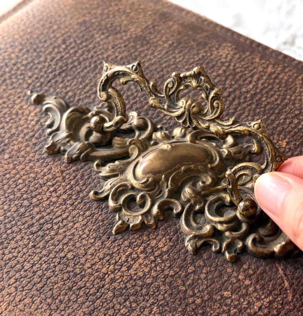 フランスアンティーク　ジュエリーボックス　鏡付き　ピンク　シルク　革張り　宝石箱