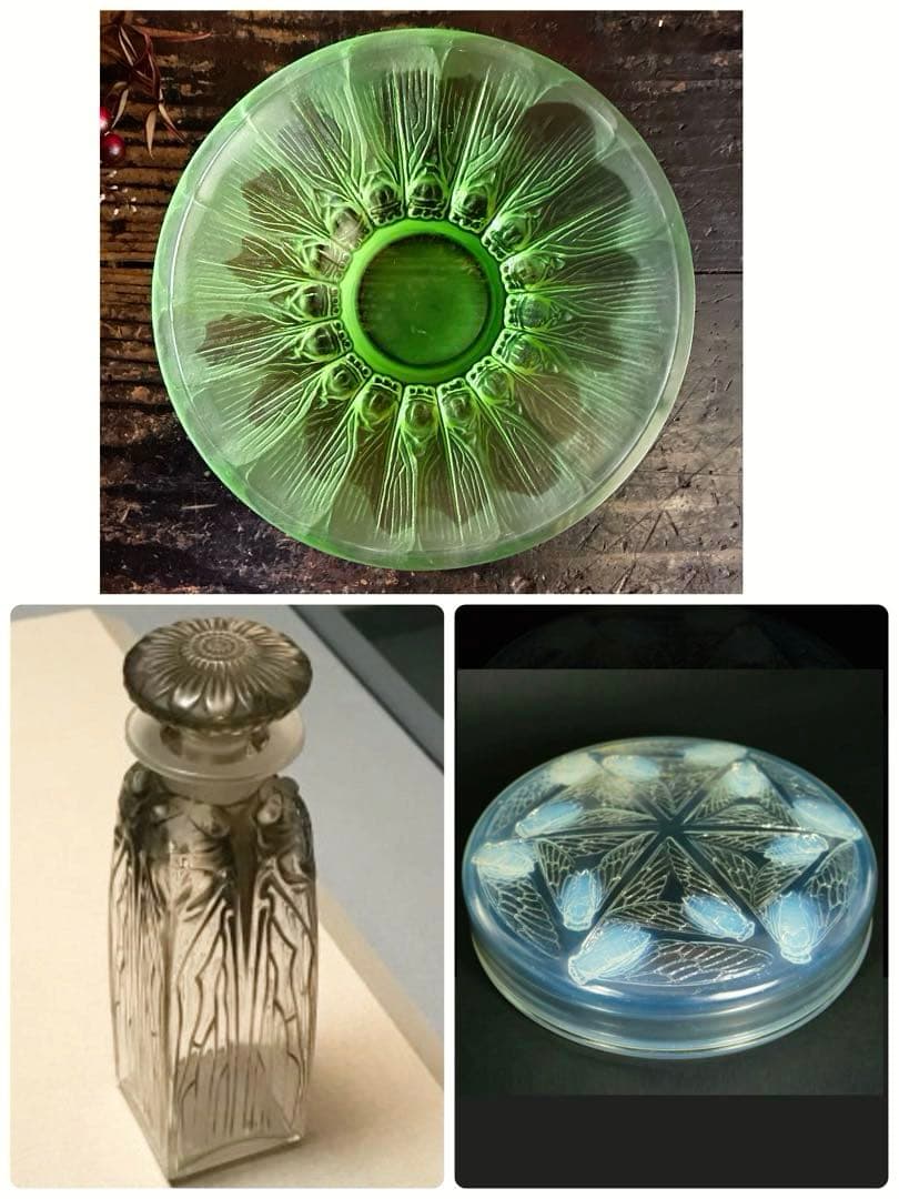 骨董　時代ガラス　アールデコ　希少　cicada 蝉　プレス　若草色　中皿　２客