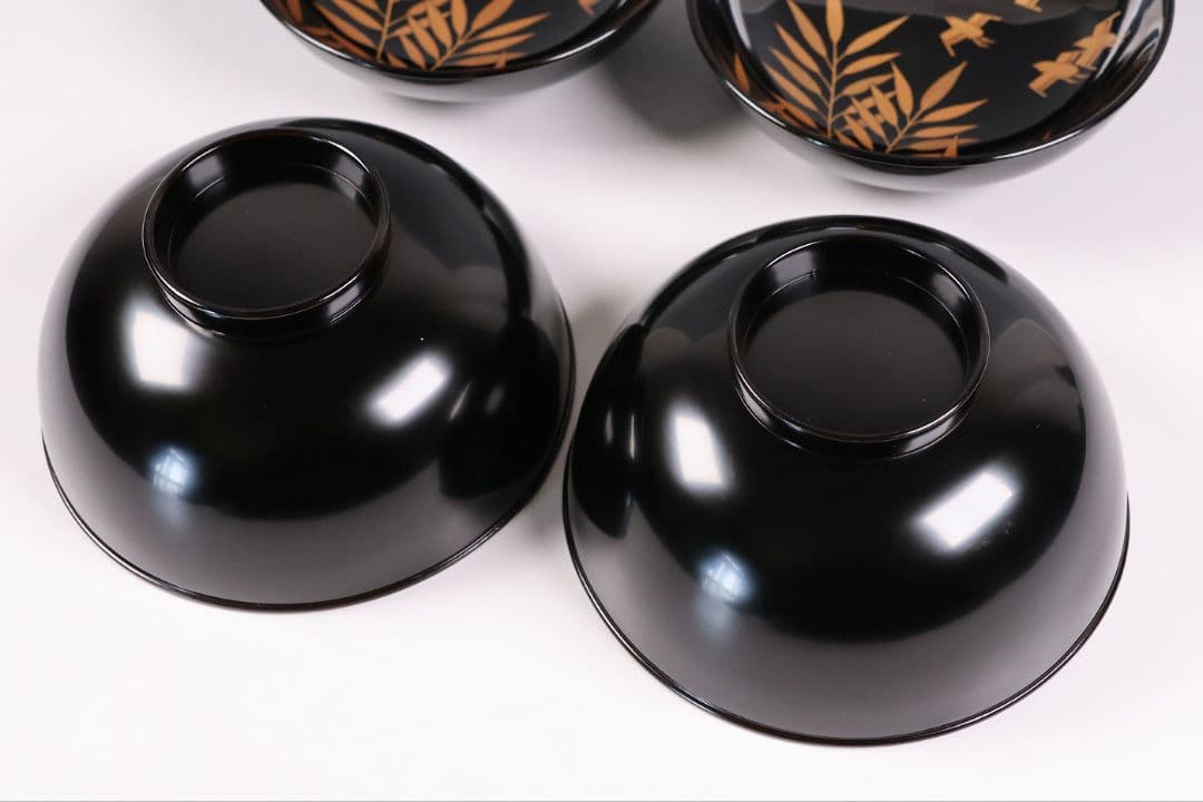 【MB284】天然木漆塗 芦千鳥金蒔絵 艶消黒 吸物椀 二客 昭和 漆芸 漆器