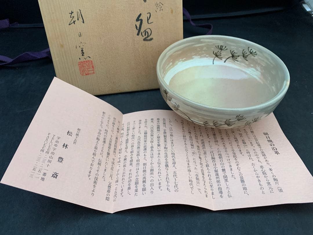 松林豊斎 遠州七窯 朝日焼 茶碗 水草の絵 茶道具 共箱