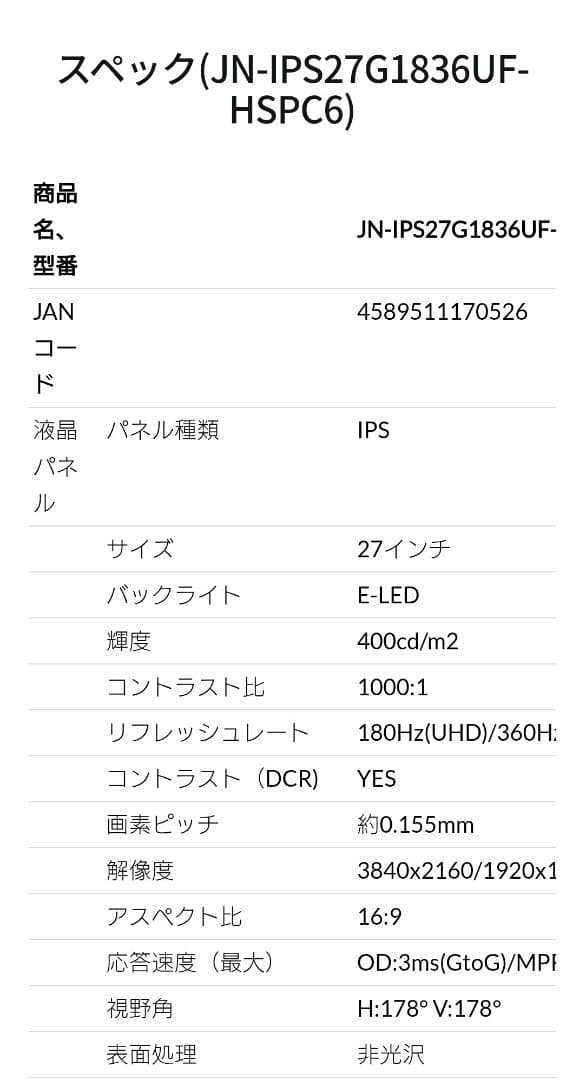 新品　27インチゲーミングモニター　JAPANNEXT　4K 180Hz