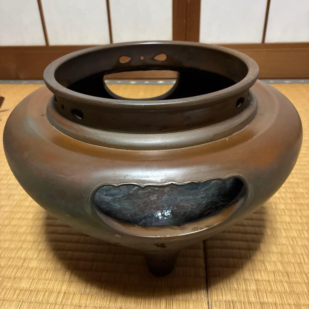 唐銅朝鮮風炉 真形釜　釜師 角谷　袋に入れた灰付き